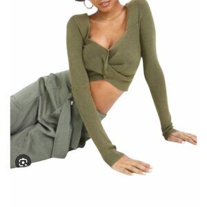 Bar III Dusty Olive Twist-Front Sweater Long Sleeve Knit Ribbed Stretch XXL
